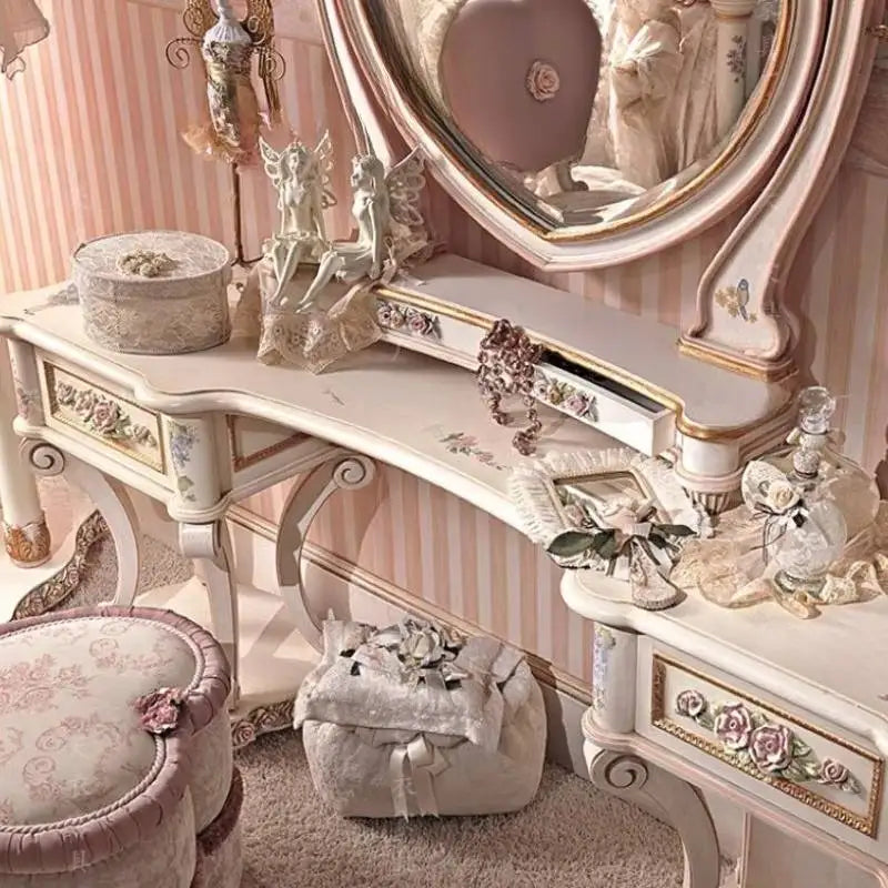 Pink Birch Wood Makeup Vanity Desk with Mirror & Stool | 3 Drawers
