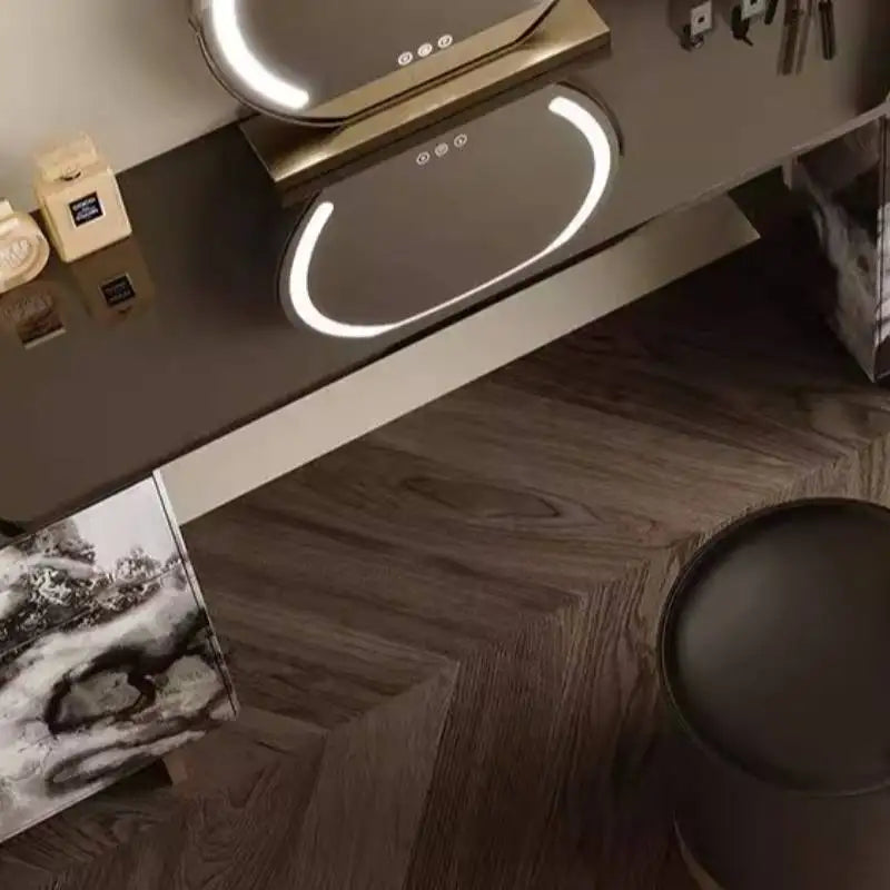 Glossy Black Marble Makeup Vanity Desk with Mirror & Stool | 4 Drawers
