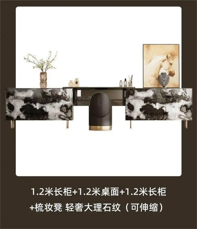 Glossy Black Marble Makeup Vanity Desk with Mirror & Stool | 4 Drawers