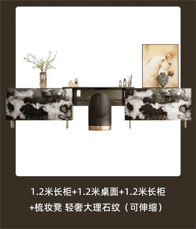 Glossy Black Marble Makeup Vanity Desk with Mirror & Stool | 4 Drawers